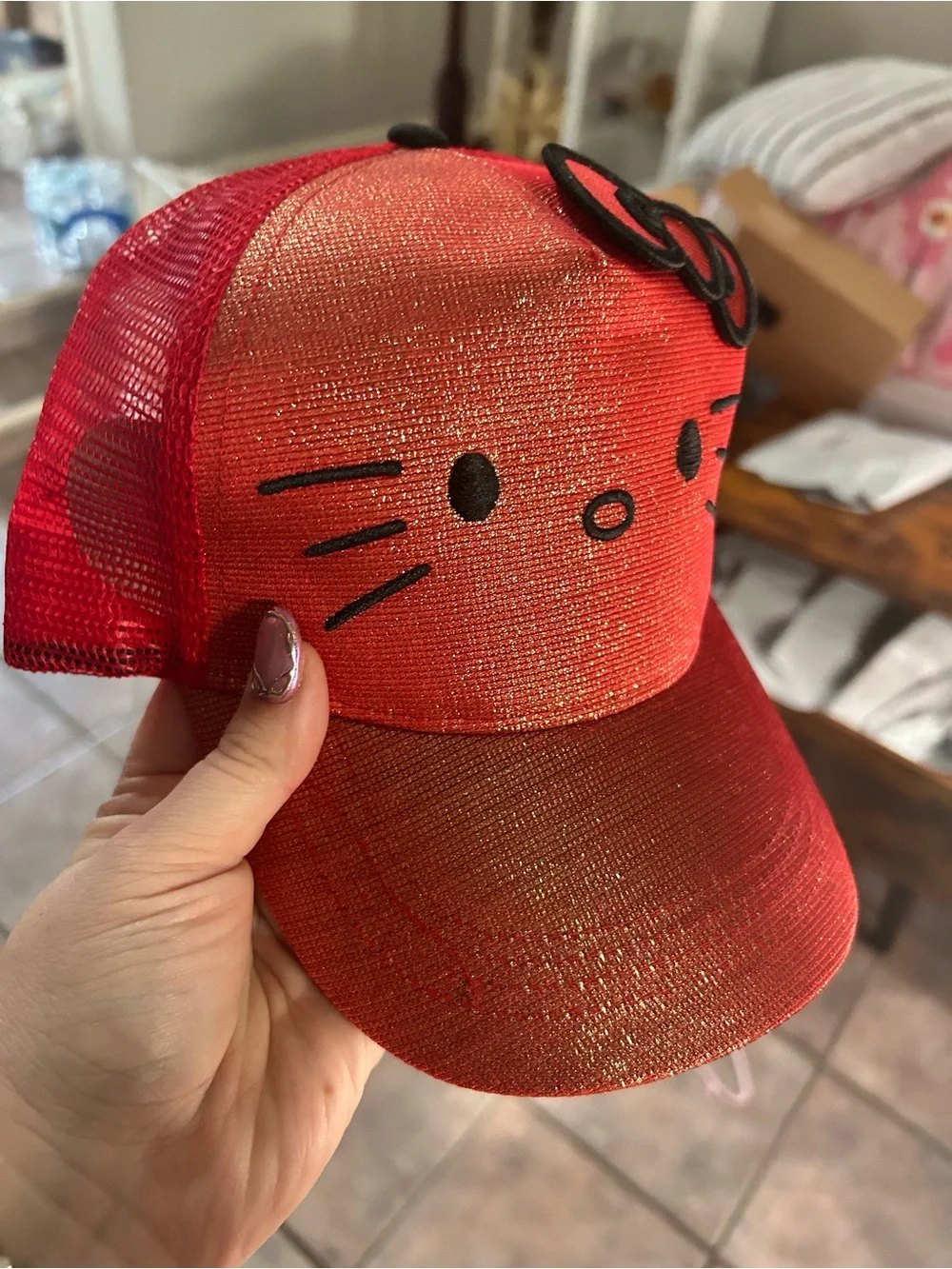 Hello Kitty Sparkling Red Mesh Cap with Black Bow